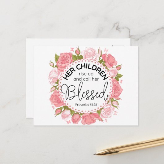 箴言31:28母の日聖なる書物、 経典ピンクの花 ポストカード (正面/裏面インサイチュ)