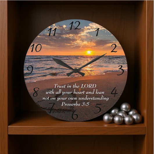 箴言3:5キリスト教の海と夕日 ラージ壁時計