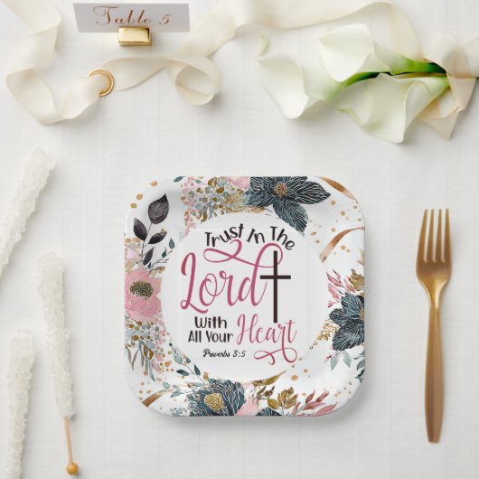 箴言3:5主なる聖書の聖句への信頼 ペーパープレート (ウェディング)