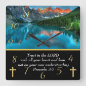 箴言3:5山の湖 スクエア壁時計 (正面)