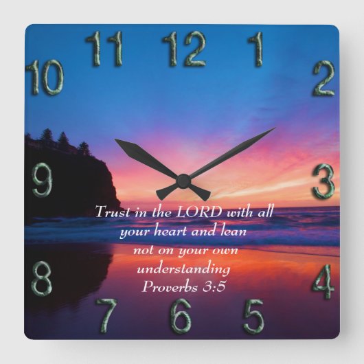 箴言3:5美しい海と空 スクエア壁時計 (正面)