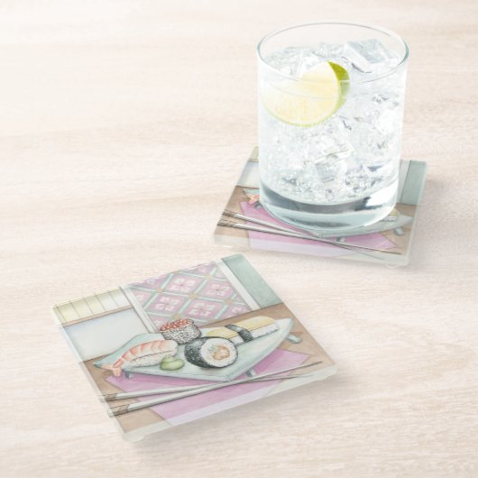 箸が付いている分類された寿司のプレート ガラスコースター (アングル)