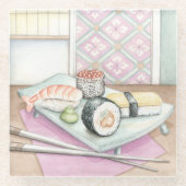 箸が付いている分類された寿司のプレート ガラスコースター (正面)