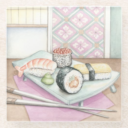 箸が付いている分類された寿司のプレート ガラスコースター (正面)