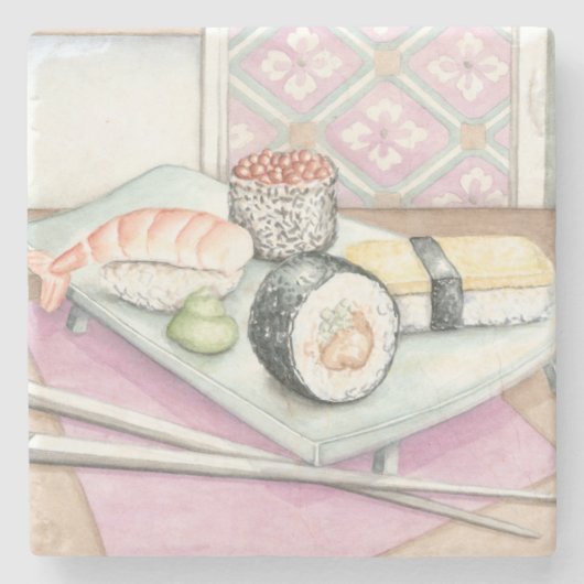 箸が付いている分類された寿司のプレート ストーンコースター (正面)