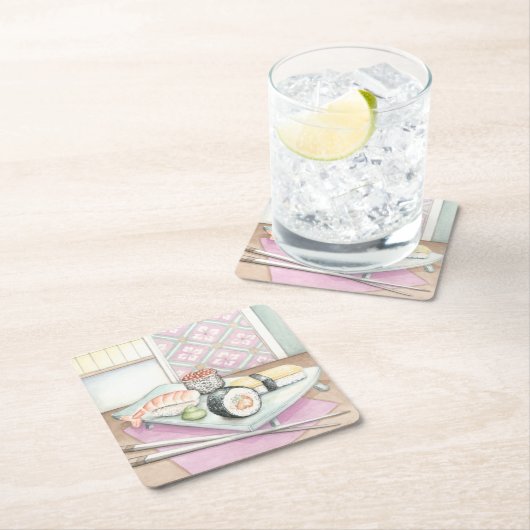 箸による寿司の組み合わせプレート スクエアペーパーコースター (インサイチュ)