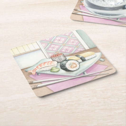 箸による寿司の組み合わせプレート スクエアペーパーコースター (アングル)