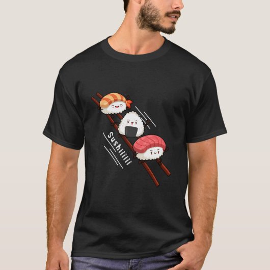 箸の上で滑る寿司 かわいい アニメ 日本 Tシャツ (正面)