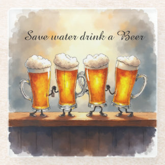 節水 ビールを飲もう ガラスコースター