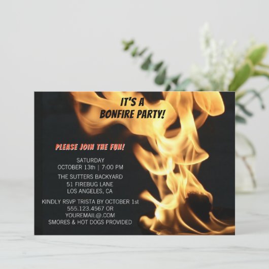 篝火のパーティーのキャンプファイヤーの炎は招待状キャンプします 招待状 (スタンド正面)