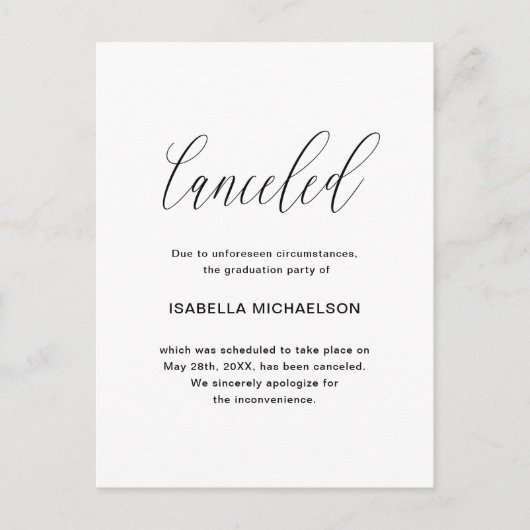 簡単な卒業パーティー中止のお知らせ 案内ポストカード (正面)