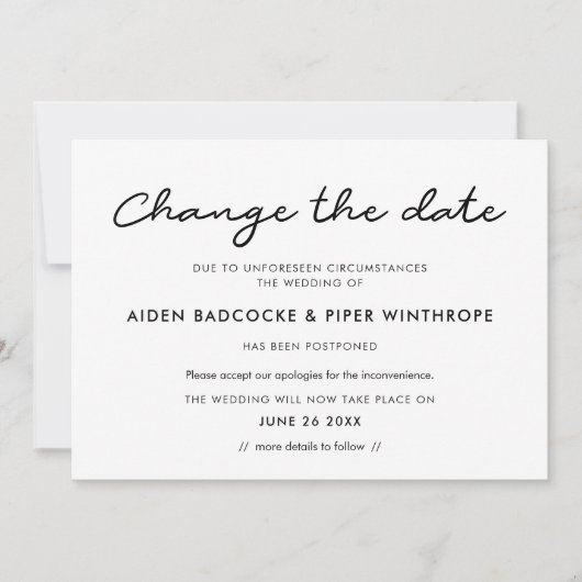 簡単な結婚式の日程変更のお知らせカード 招待状 (正面)