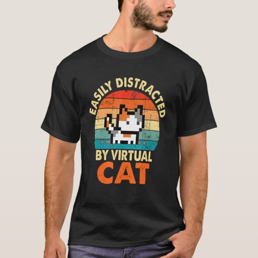 簡単に猫に気を取られる 面白い バーチャル 猫好き オ Tシャツ (正面)