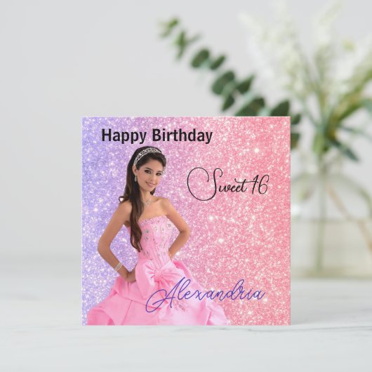 簡単アップロード写真名グラマー女の子誕生日 カード (スタンド正面)