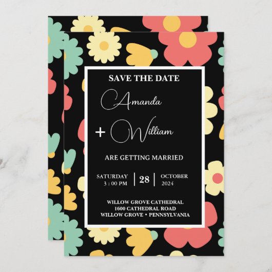 簡単編集フローラモダンミニマリスト日付を保存 招待状 (正面/裏面)