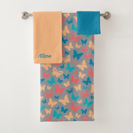 簡単蝶パターンbeigeピンクターコイズグレー バスタオルセット (インサイチュ)