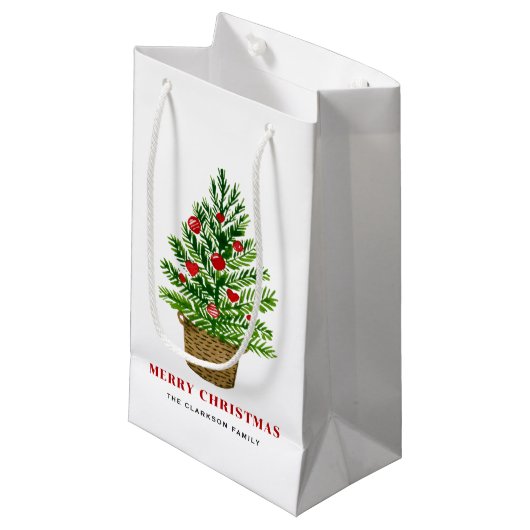 籐のバスケットにクリスマスツリーのメリークリスマス スモールペーパーバッグ (正面アングル)