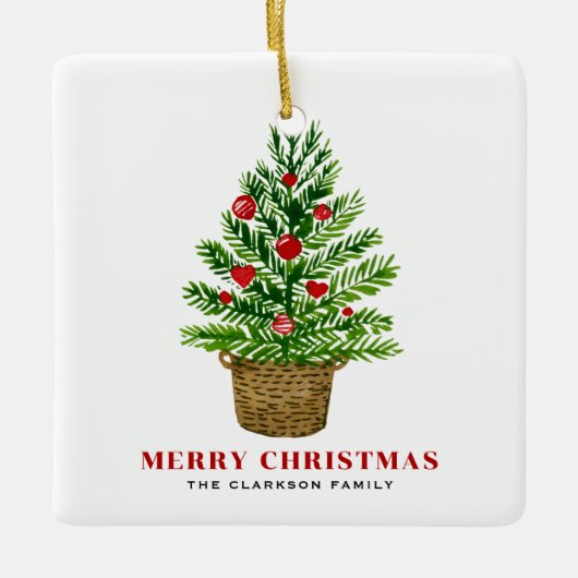 籐のバスケットにクリスマスツリーのメリークリスマス セラミックオーナメント (正面)
