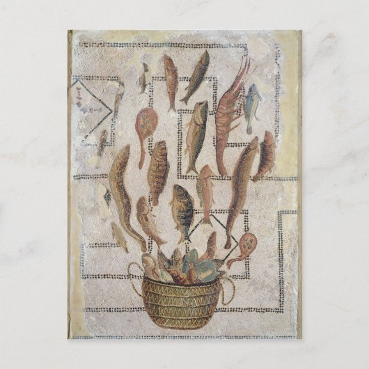 籠から逃げる魚の姿を描いた舗装 ポストカード (正面)