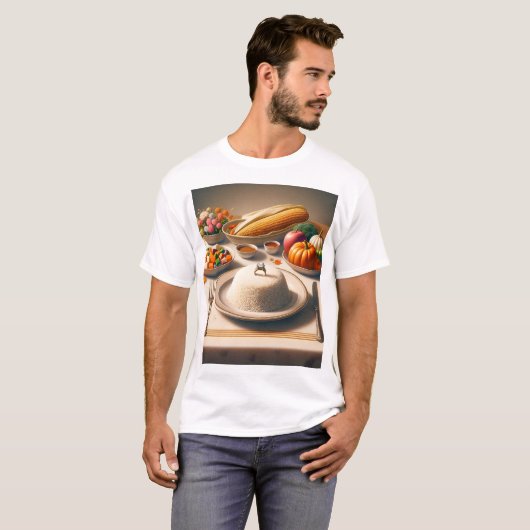 米とうもろこしを含む食べ物のプレートを持つテーブル Tシャツ (正面フル)