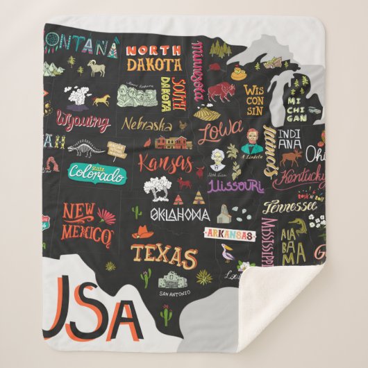 米図解入りの、写真付きの国の地図。州と シェルパブランケット (正面)