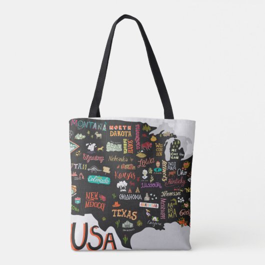 米図解入りの、写真付きの国の地図。州と トートバッグ (裏面)