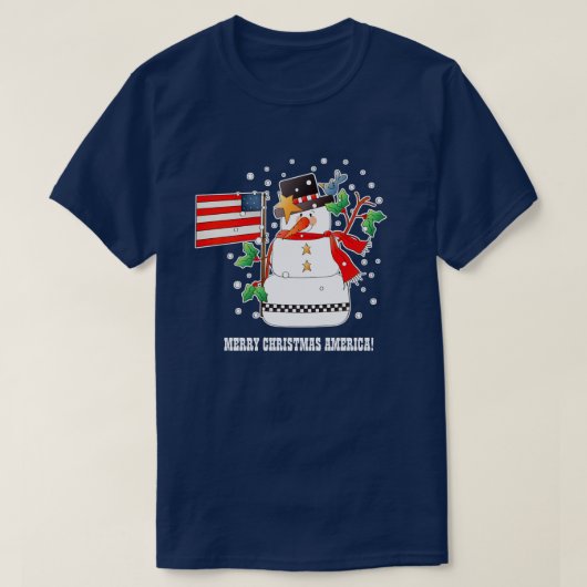 米国おもしろい国旗のクリスマスとの雪だるま Tシャツ (デザイン正面)