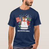 米国おもしろい国旗のクリスマスとの雪だるま Tシャツ (正面)