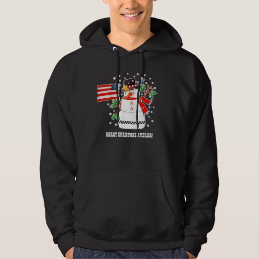 米国おもしろい国旗の雪だるまクリスマスフード付きスウェットシャツ パーカ (正面)