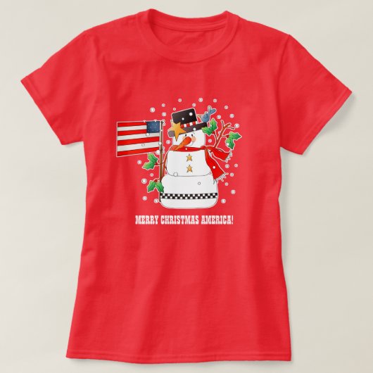 米国おもしろい国旗のTシャツ付き雪だるま Tシャツ (デザイン正面)