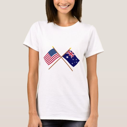 米国およびオーストラリアによって交差させる旗 Tシャツ (正面)