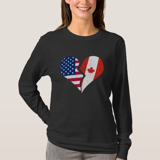 米国およびカナダのフラグ – 壊れたハートシンボルヴィンテージD Tシャツ (正面)