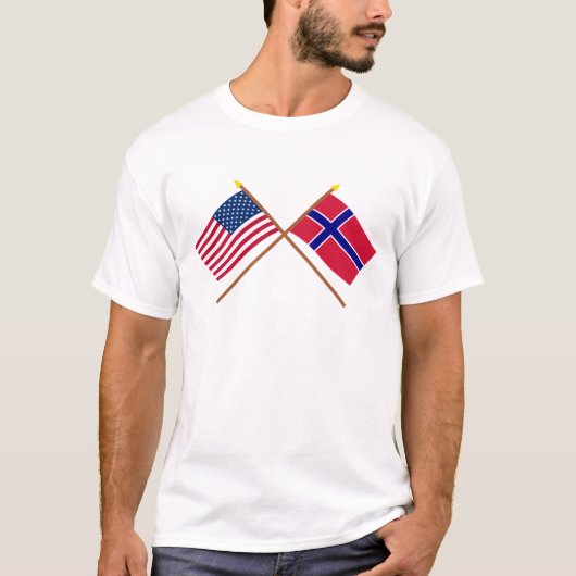 米国およびノルウェーによって交差させる旗 Tシャツ (正面)