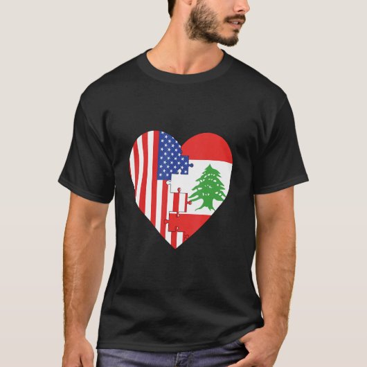 米国とレバノン国旗のハート Tシャツ (正面)