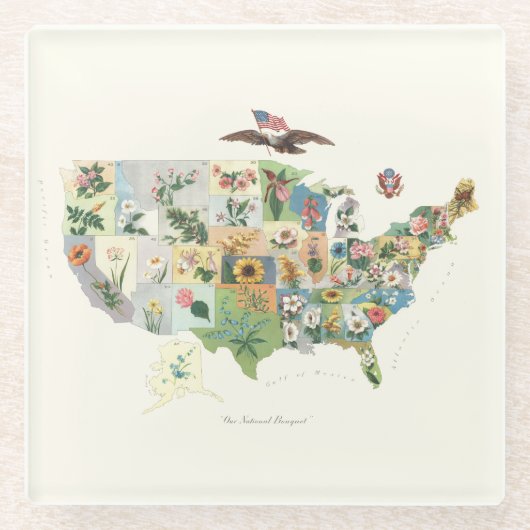 米国によっては地図-私達の国民の花束--が開花します ガラスコースター (正面)