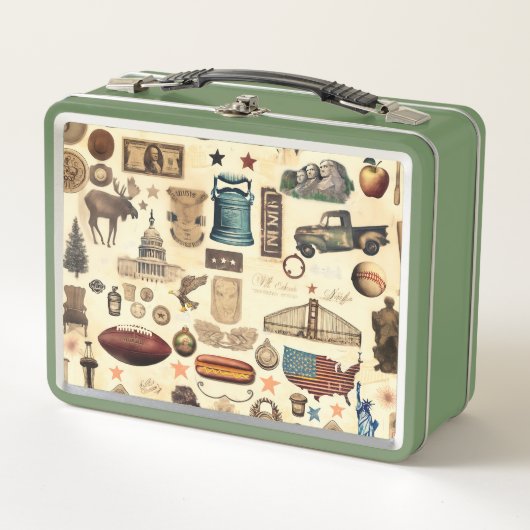 米国のヴィンテージとノスタルジックな国のシンボル、遺跡 メタルランチボックス (正面)