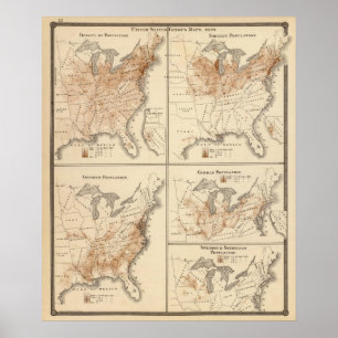 米国の人口調査の地図1870年 ポスター