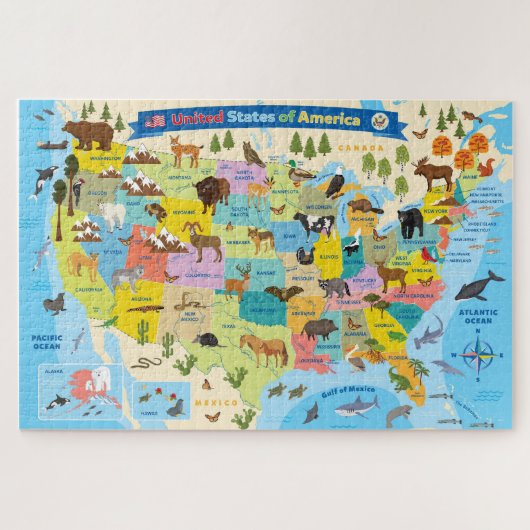 米国の動物の地図子供へ ジグソーパズル (横)
