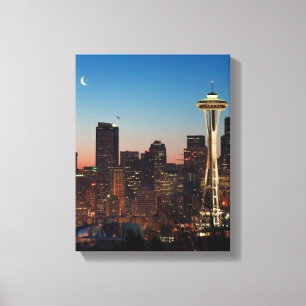 米国の国旗が月の間を飛んでいる キャンバスプリント