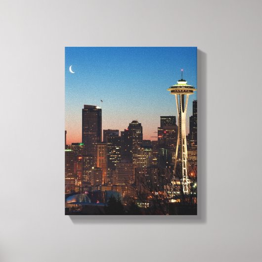 米国の国旗が月の間を飛んでいる キャンバスプリント (正面)