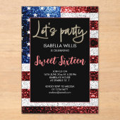 米国の国旗のキラキラSweet 16誕生日Letsパーティー アクリル招待状 (正面)