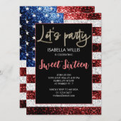 米国の国旗のキラキラSweet 16誕生日Letsパーティー 招待状 (正面/裏面)