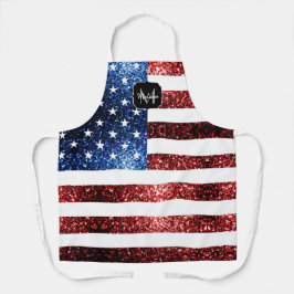 米国の国旗の赤い青いきらめきグリッターモノグラム エプロン