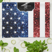 米国の国旗の赤い青いきらめきグリッターモノグラム キッチンタオル (折り畳み)