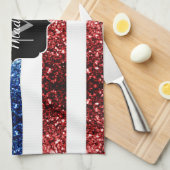 米国の国旗の赤い青いきらめきグリッターモノグラム キッチンタオル (四つ折り)