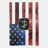 米国の国旗の赤い青いきらめきグリッターモノグラム キッチンタオル (縦)