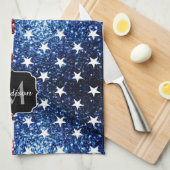 米国の国旗の赤い青いきらめきグリッターモノグラム キッチンタオル (四つ折り)