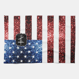 米国の国旗の赤い青いきらめきグリッターモノグラム キッチンタオル