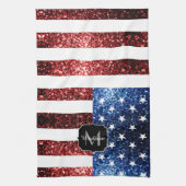 米国の国旗の赤い青いきらめきグリッターモノグラム キッチンタオル (縦)