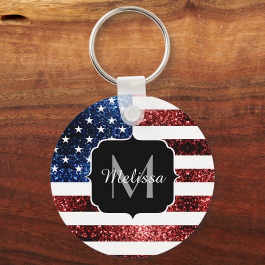 米国の国旗の赤い青いきらめきグリッターモノグラム キーホルダー (裏面)